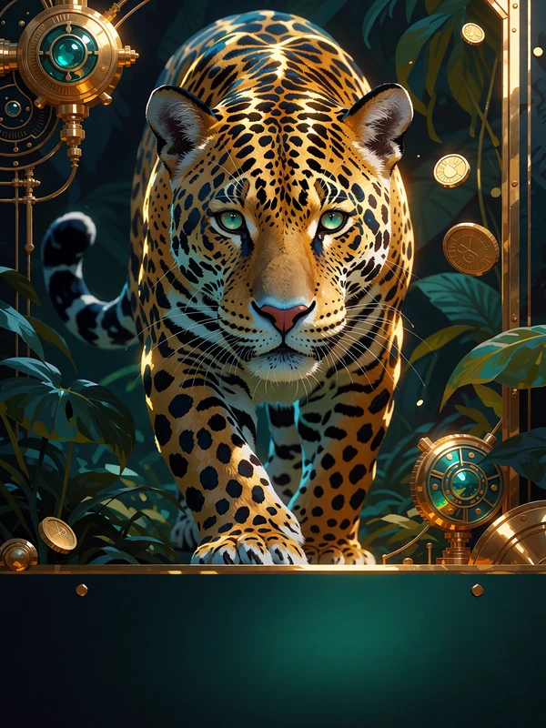 Jaguar med guldplettet pels og turkise &oslash;jne i m&oslash;rk jungle - spilleautomaten Lucky Jaguar