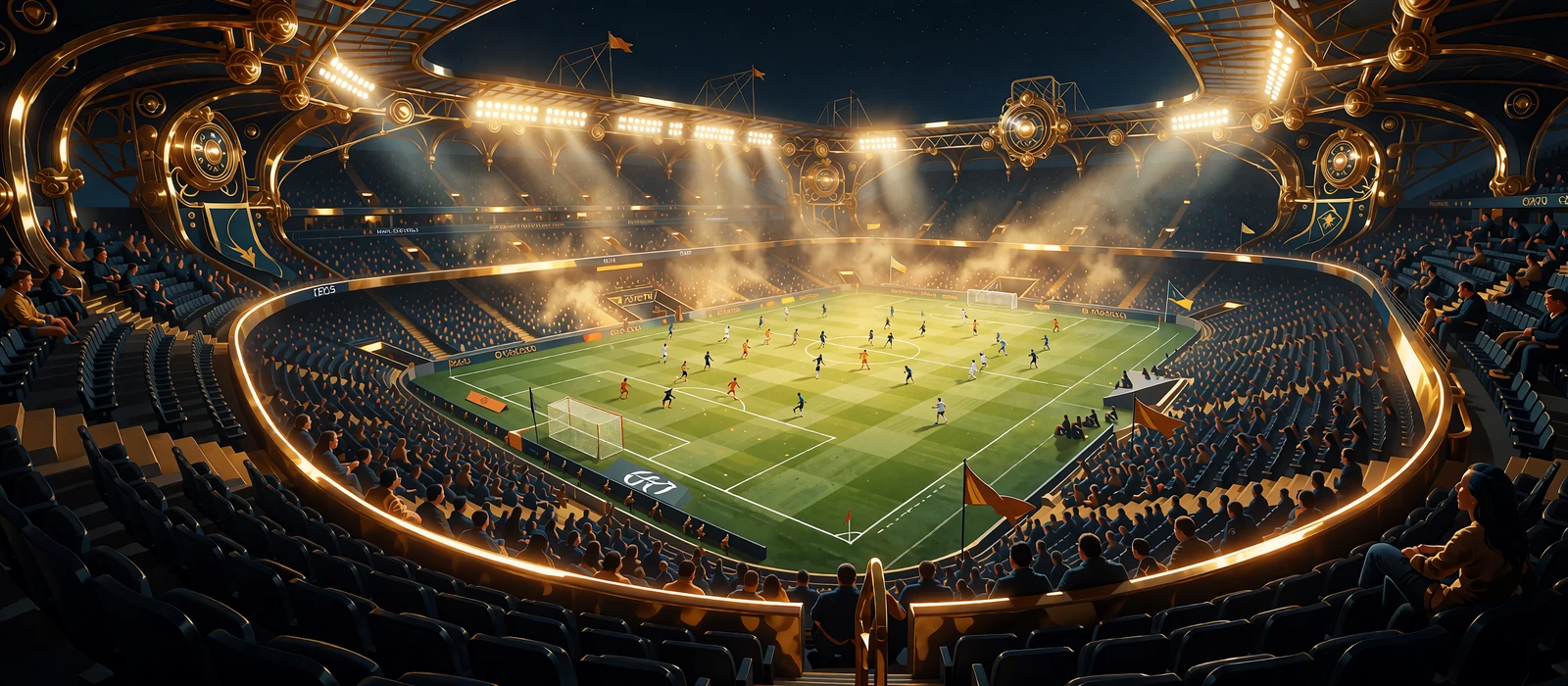 Fodboldstadion om natten med lysende gr&oslash;n bane under gyldne projekt&oslash;rer og bl&aring; tilskuertribuner - sportsbook med 35+ sportsgrene