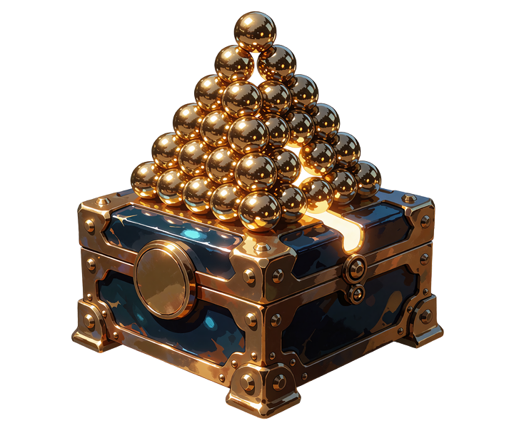 Pyramide af guldkugler som pindebr&aelig;t oven p&aring; en bronzekiste - illustration af JB Originals Plinko