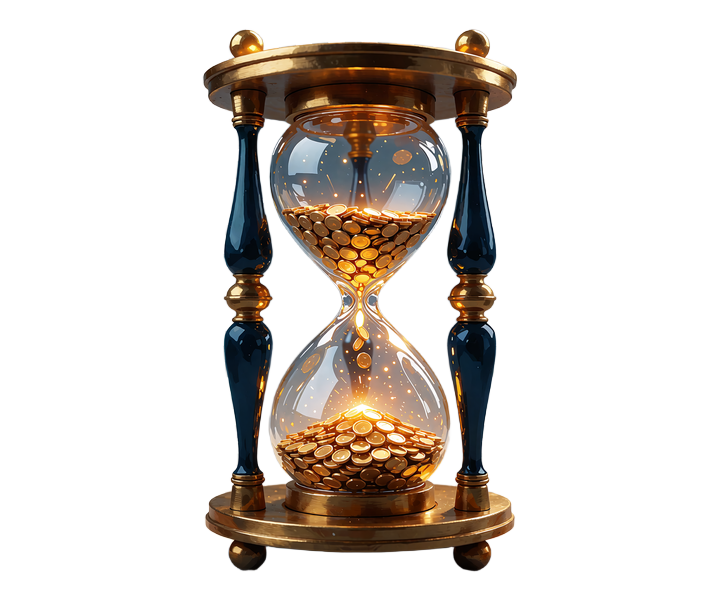 Messingtimeglas der h&aelig;lder sm&aring; guldm&oslash;nter fra &oslash;verste til nederste glaskolbe - illustration af daily og weekly rewards