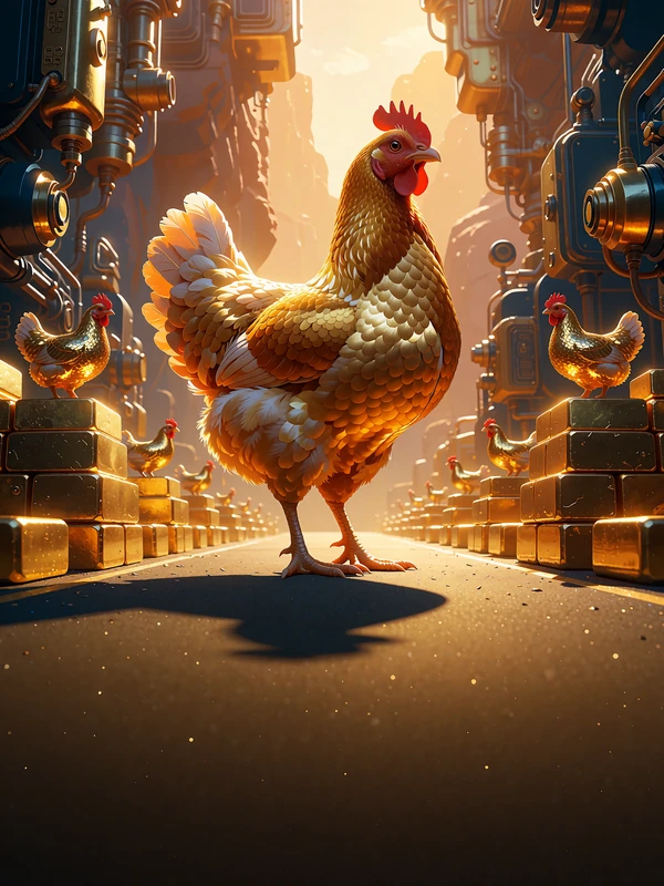 Gylden h&oslash;ne p&aring; en lang vej mellem guldblokke i en solbeskinnet kl&oslash;ft - spillet Chicken Road