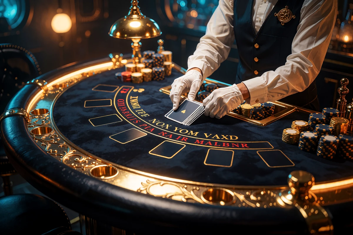 Live blackjackbord med marinebl&aring;t filt, guldkant og stakke af jetoner, mens en dealers handsker deler kort ud - live blackjack hos JB Casino